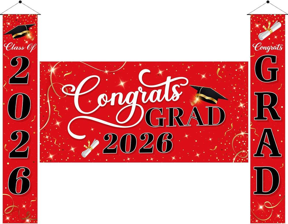 3 Pcs Graduation Decorations Class of 2026, Large Graduation Banners Set, Red &