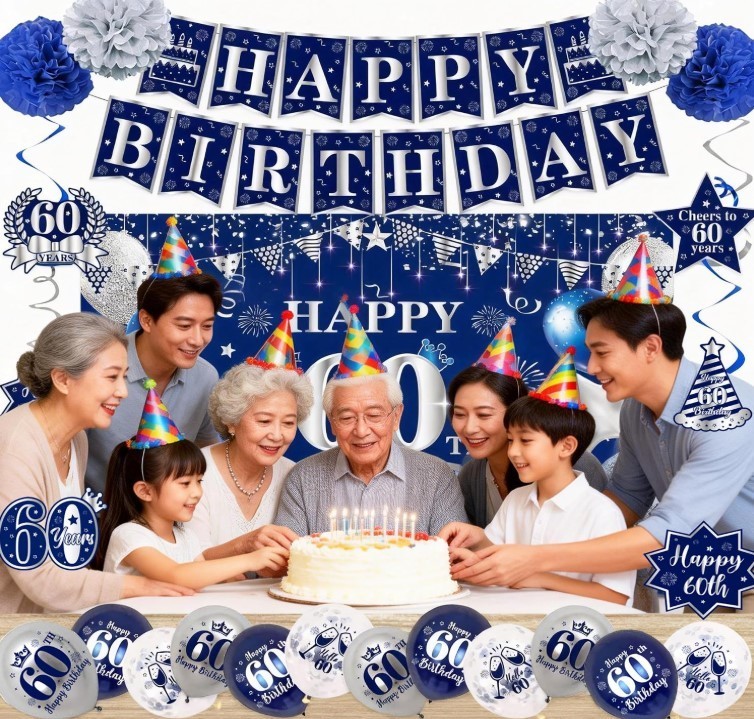 60Th Birthday Decorations for Men Women, Blue Silver Happy 60Th Birthday Banner