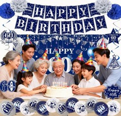60Th Birthday Decorations for Men Women, Blue Silver Happy 60Th Birthday Banner
