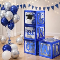 Elegant Navy Blue Graduation Decorations 2026 with Balloon Arch & GRAD Box