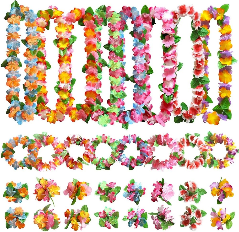 32pcs Hawaiian Leis Party Decorations, Necklace Flowers Bracelets Headband, Trop
