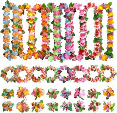 32pcs Hawaiian Leis Party Decorations, Necklace Flowers Bracelets Headband, Trop