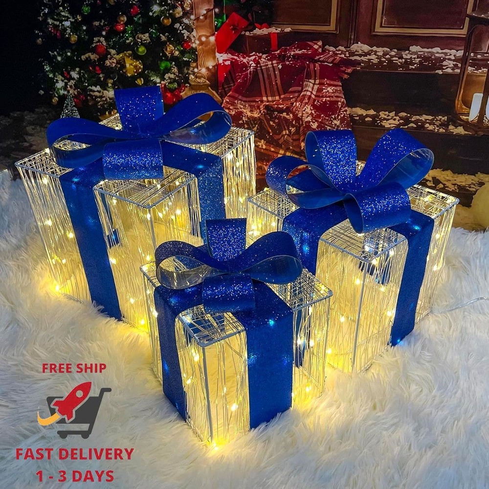 Adornos navideños, juego de 3 cajas de regalo iluminadas con 140 luces LED