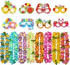16pcs Hawaiian Leis Party Set with 8 Necklaces and 8 Photo Booth Glasses for Tro