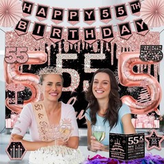 Black Rose Gold 55th Birthday Party Decorations 32PCS Cake Topper Balloons Sash