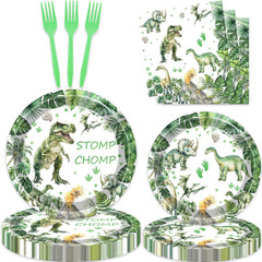 80 Pcs Watercolor Dinosaur Birthday Decorations Green Dino Paper Dinner Plates