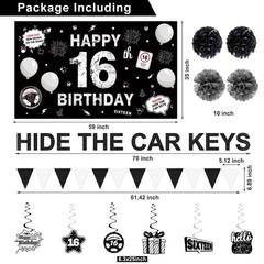 Happy 16th Birthday Decorations for Boys Girls, Black and Silver