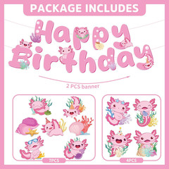 Axolotl Birthday Party Decorations – 12 Pcs Pink Cute Cartoon Animals Happy Birt