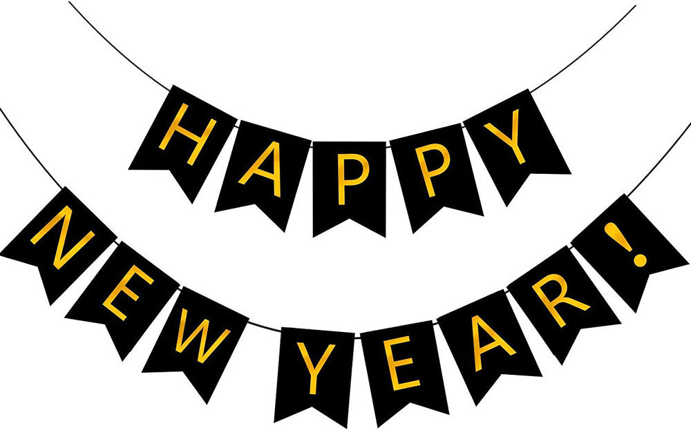Happy New Year Banner Black Bunting with Gold Alphabet for New Year Party Suppli