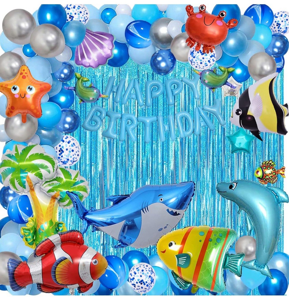 176 PCS Ocean Blue Happy Birthday Party Balloons with Pump Under the Sea