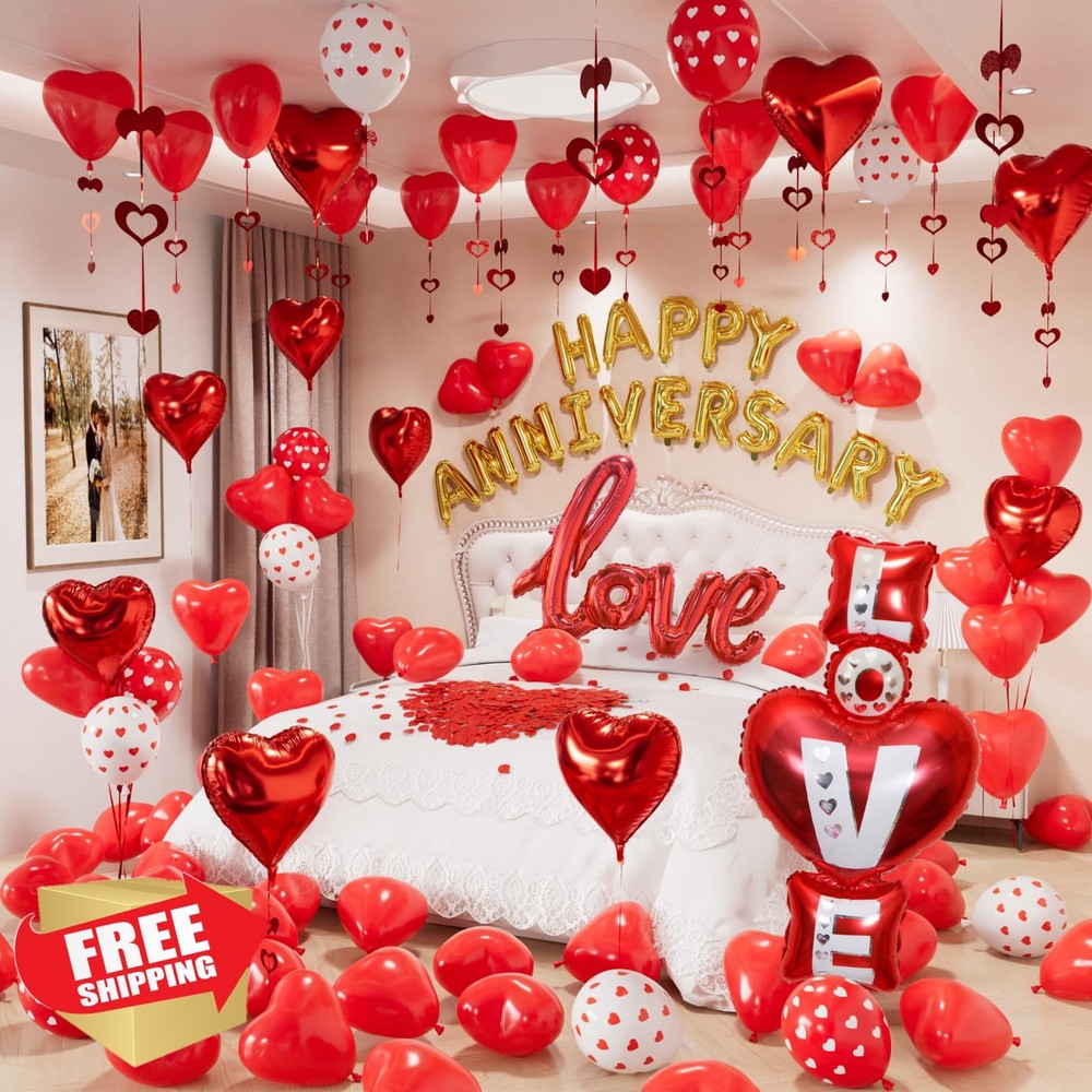 Adeyoo Anniversary Balloons Red White Heart Love Foil Banner