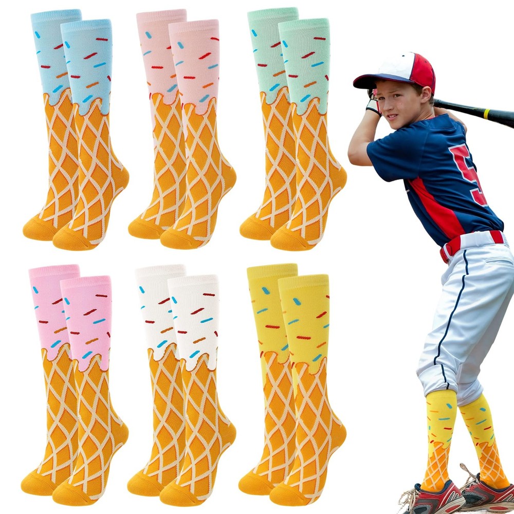 6 Pairs Baseball Ice Cream Drip Socks for Kids Pastel Ice Cream Knee High Soc…