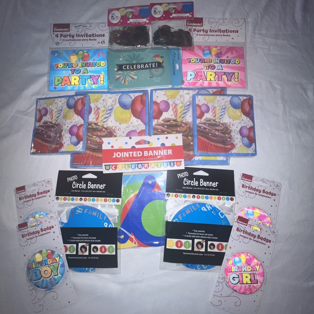 Birthday Party 16pc Bundle – Invitations-￼ Banners-Napkins-Confetti- Bday Badges