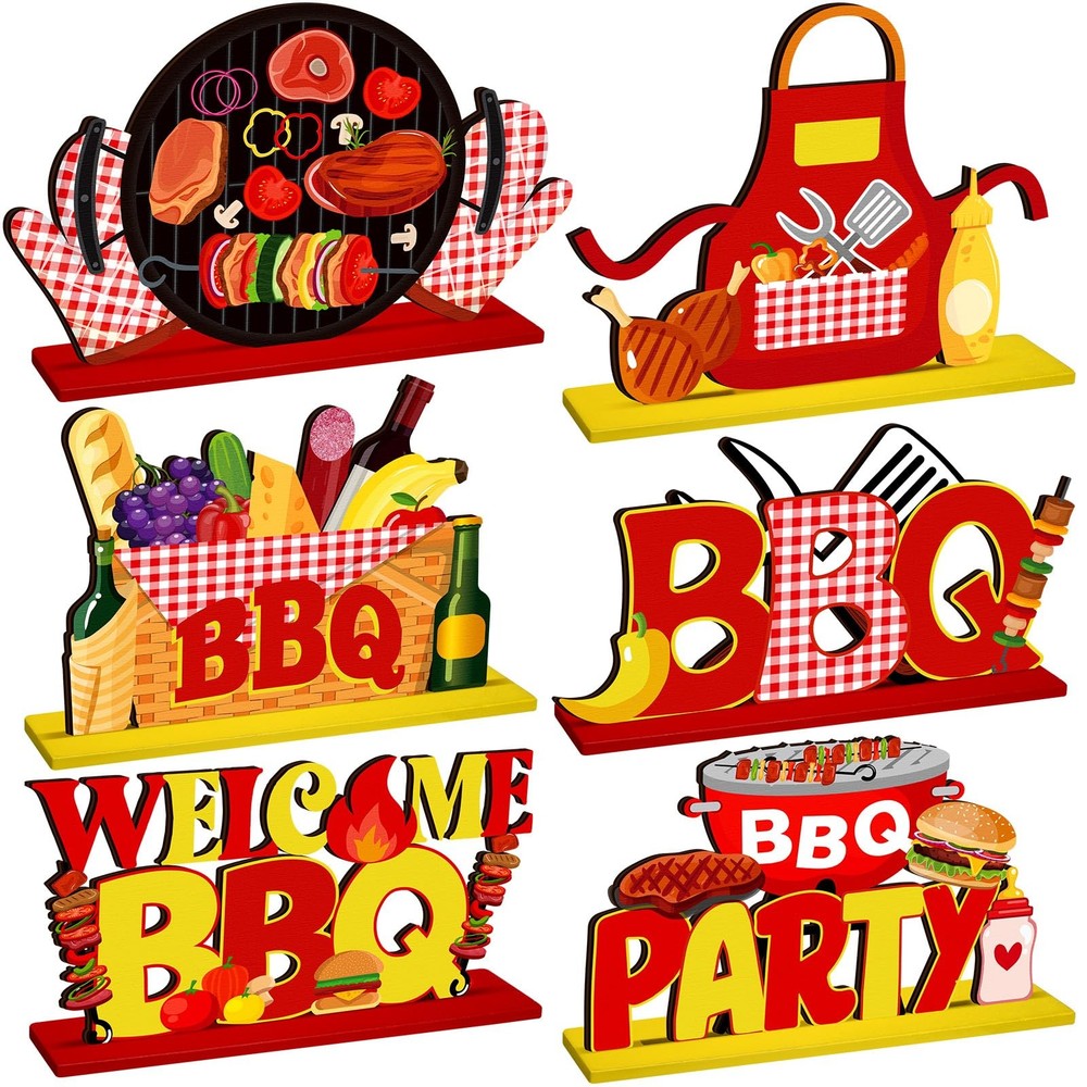 6 PCS BBQ Wooden Table Centerpieces Barbecue Theme Signs Birthday Shower
