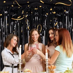 2 Pack 3.2ft x 8.2ft Black Tinsel Foil Fringe Curtains, Metallic Foil Tinsel