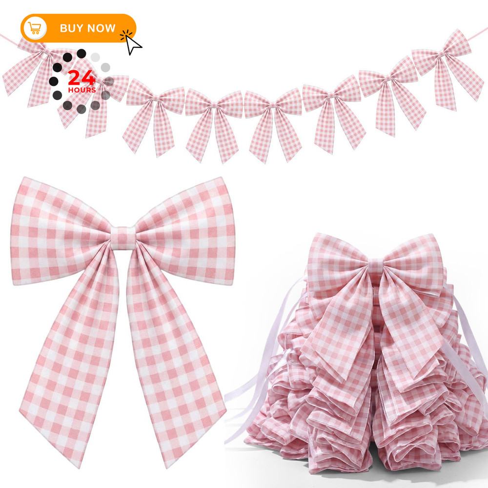 Flutesan 8 ft Pink Gingham Bow Garland Decorations Fabric 8 ft,
