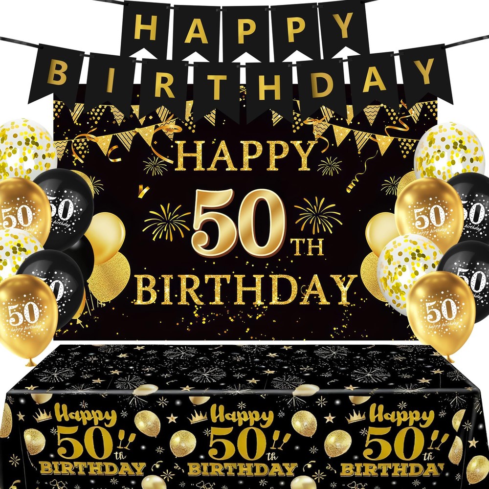 15 PCS Black Gold 50Th Birthday Party Decorations 50Th Happy Birthday Banner Bac