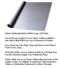 Silver Color Cut-to-Fit Easy Table Cover 100-Ft x 40″W Disposable Plastic #290