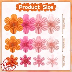BestoFun Orange Hot Pink Paper Flower Fans 12 Pcs