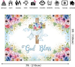God Bless Backdrop Boy Blue Floral Baptism Party Decoration 7x5FT