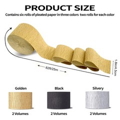 6 Rolls Crepe Paper Streamers 492FT Gold Silver Black Party Decoration