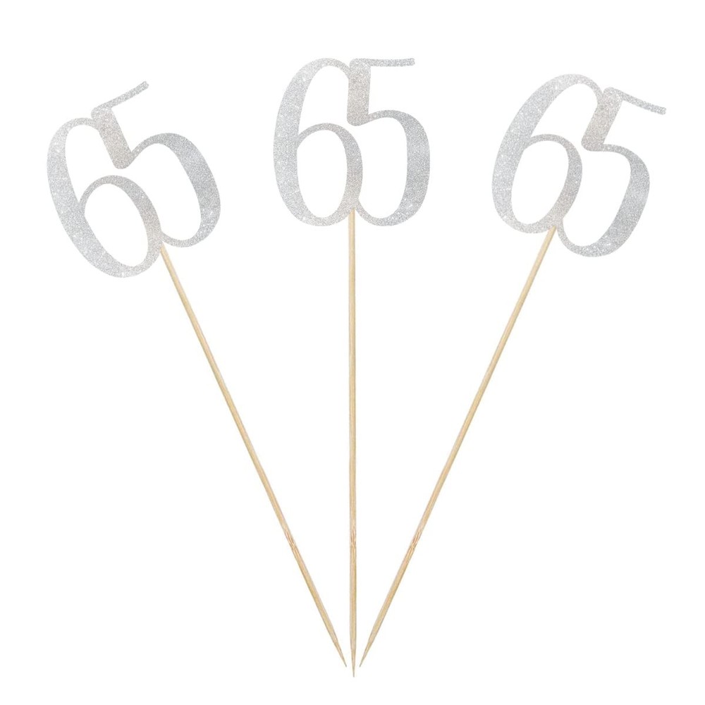 65th Birthday Centerpiece Sticks 12 Pack Silver Glitter Number 65 Table Toppers