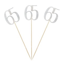 65th Birthday Centerpiece Sticks 12 Pack Silver Glitter Number 65 Table Toppers