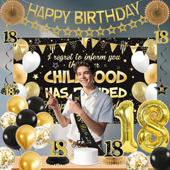 18th Birthday Decorations Boys Girls, Black Gold Happy 18th Birthday Banner Sash