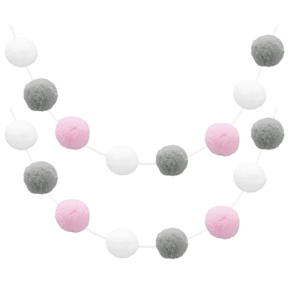 2pcs Pom Pom Garland 6.6 Ft 30 Balls for Crafts Decor(White Grey Pink)