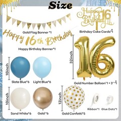 Sweet 16Th Birthday Decorations for Boys Girls, Dusty Blue Cream White Gold 16