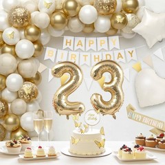 23rd Birthday Decorations Set – 10 White Cream, 10 Gold Balloons, Cake Topper