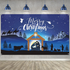 Merry Christmas Nativity Scene Banner – Large Blue Backdrop for Christmas Party
