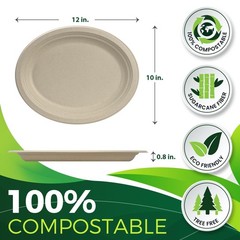100PCS 100% Compostable Original Oval Paper Plates(12in), Heavy Duty Disposab…