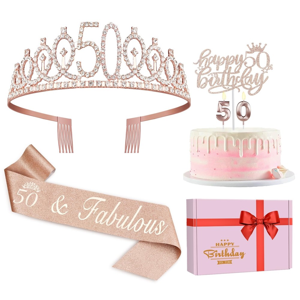 50th Birthday Decorations for Women, Including Sash Rose Gold