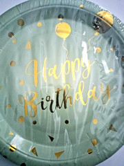 Happy Birthday Paper Plates 25 pack, 7″, Sage Green and Gold Metallic Foil Party