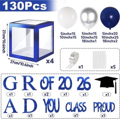 Elegant Navy Blue Graduation Decorations 2026 with Balloon Arch & GRAD Box