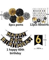 BLACK & GOLD 60th Birthday/Anniv Banner, Pom Poms, Sparkling 60 Hanging Swirls