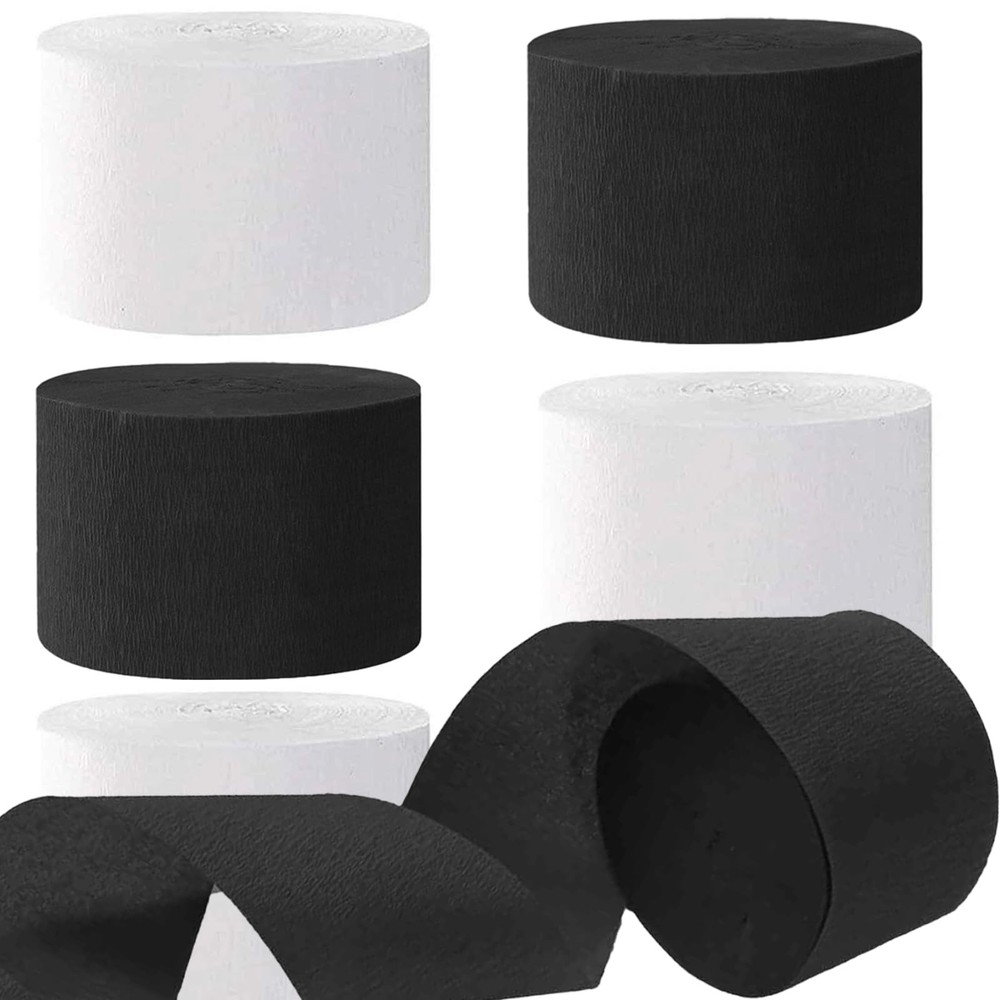 6 Rolls White Black Crepe Paper Streamers 1.8 Inch 82 Ft Party Decor