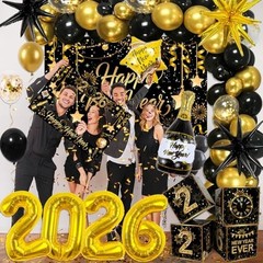 2026 New Year’s Eve Decorations – Black & Gold Balloons, Banner, Photo Props & C