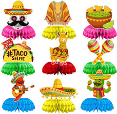 9 Pieces Fiesta Honeycomb Centerpieces Decorations – Mexican Sombrero Taco Llama