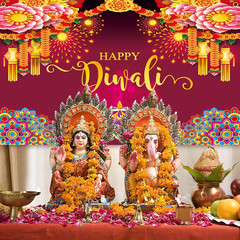 Happy Diwali Backdrop Banner Decorations, 59X35.5 Inch Indian Diwali Backdrop De