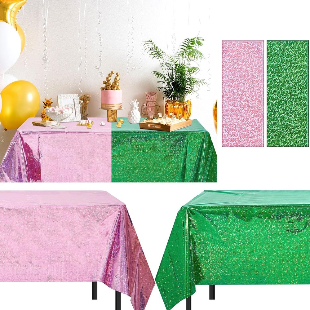 2 Pcs Iridescent Pink & Green Holographic Tablecloth for Graduation Birthday