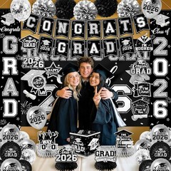 Black and Silver Graduation Decorations 2026 Set, All-In-1 Kit with Congrats Gra