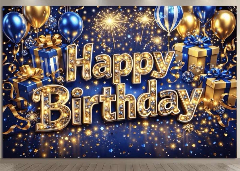 2D Flat Birthday Party Backdrop Featuring Golden Happy Birthday 75*100 Cm New