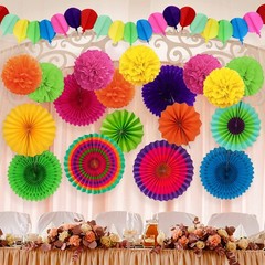 Fiesta Party Decorations, Multicolored Paper Pompoms Fan Garlands for Multi