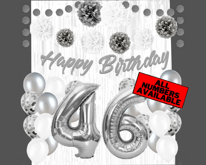 Silver & White 46th Birthday Decorations – 40″ Number Balloons &More-Boy or Girl