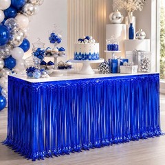 4-Pack Blue Foil Fringe Table Skirt, Disposable Metallic Tinsel Streamers, Photo