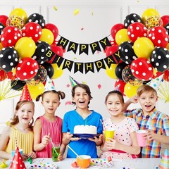 60pcs Red and Yellow Balloons 12inch with Red Print Confetti Black and Yellow.