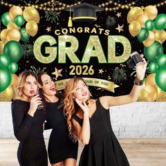 Green Gold Graduation Banner Congrats Grad 2026 Party Decor 72×44 inch Backdrop