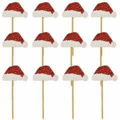 12 CHRISTMAS SANTA HAT GLITTER PICKS TOPPERS PARTY FOOD DECORATION CUPCAKE HATS